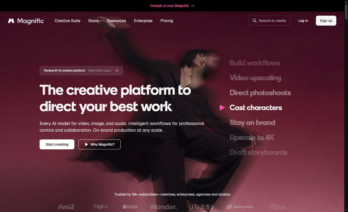 magnific.com 메인 페이지 상단에 'Freepik is now Magnific' 리브랜드 안내가 표시된 화면